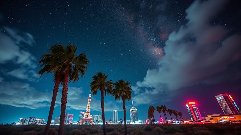 Night Cityscape with Palm Trees and Neon Lights