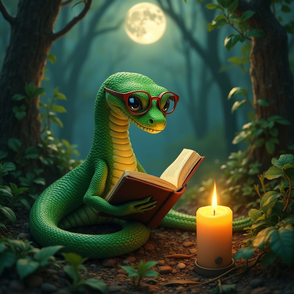 Green Snake Reads by Moonlight, Dreamlike Art