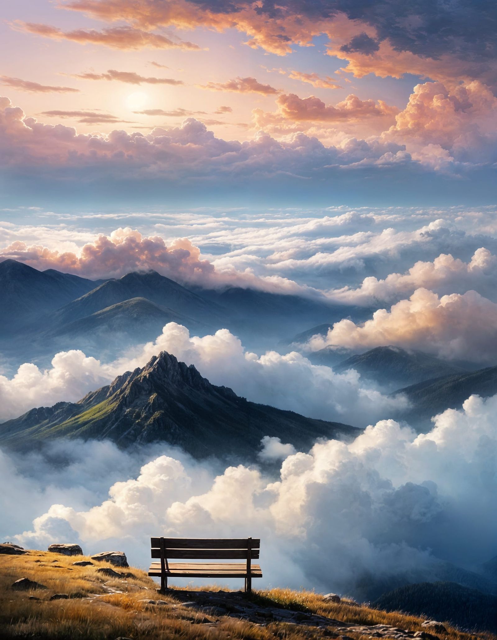 Tranquil Mountaintop Vista at Dawn with Meditation Bench