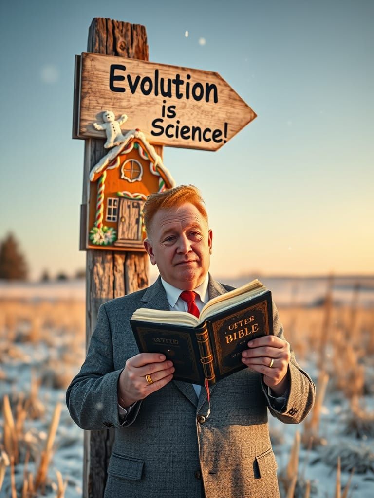Weathered Signpost in a Snowy Meadow with a Confused Man