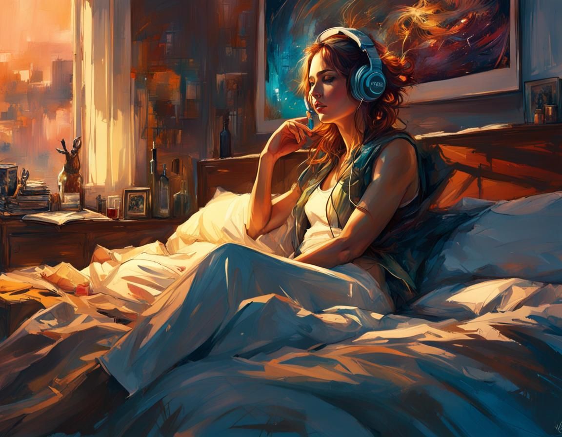 Beautiful girl lounges on bed