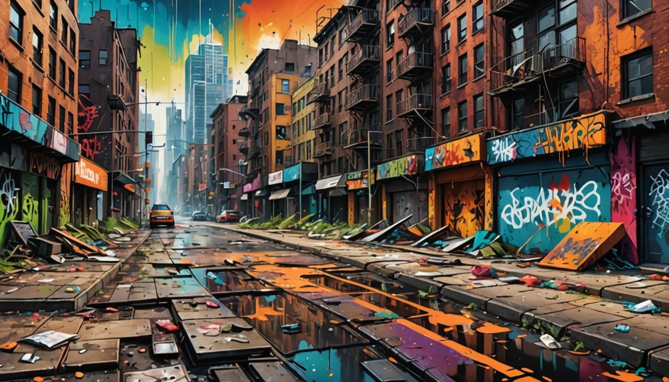 Apocalyptic Cityscape in Vibrant Street Art Style