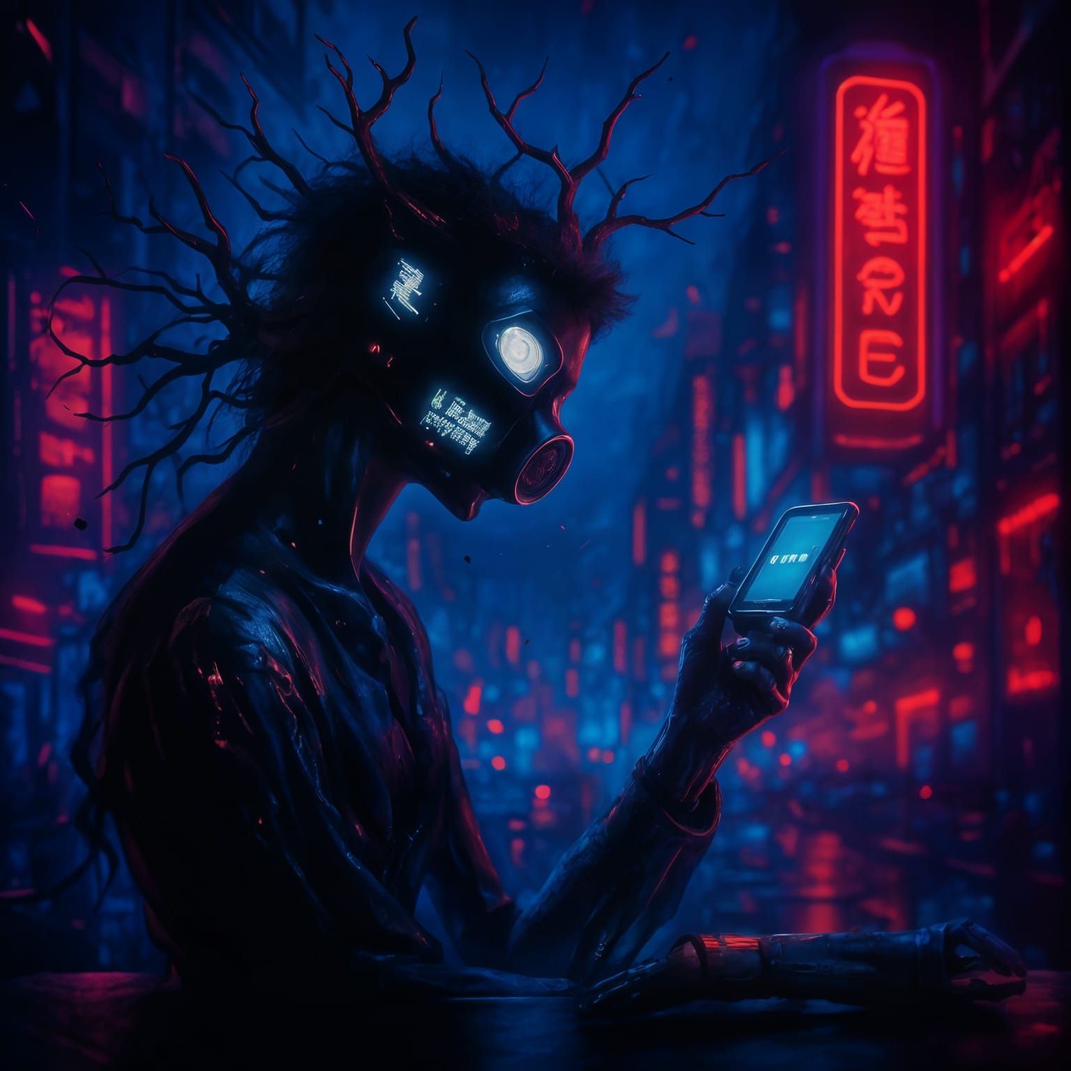 Figure Holding Phone in Cyberpunk Ink Style