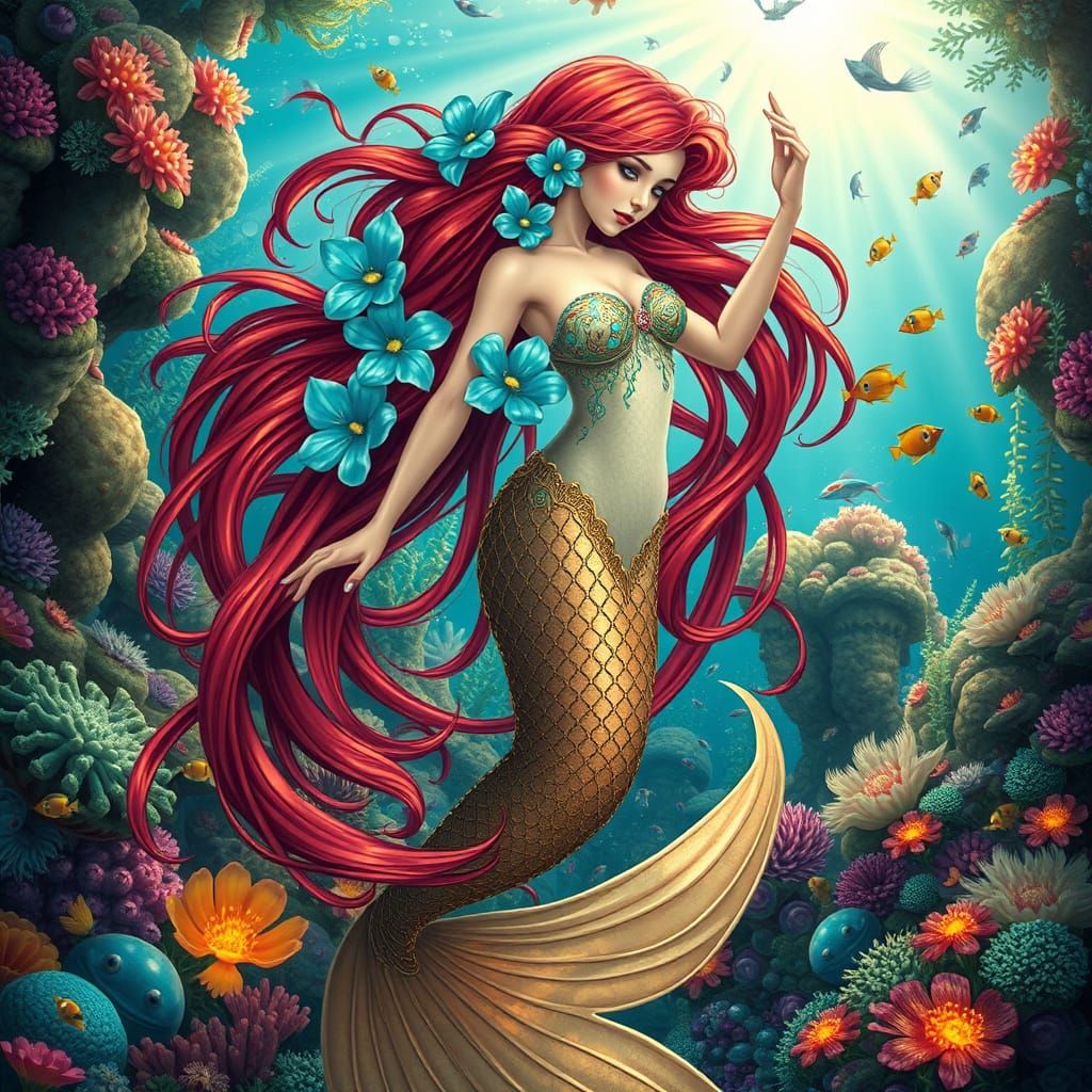 Mermaid Dancing in Coral Reef, Fantasy Art Nouveau