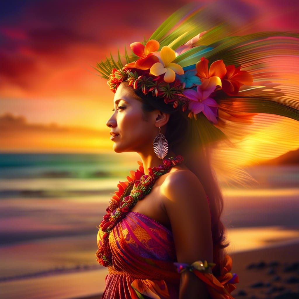 Hawaiian Woman in Traditional Dress at Sunset