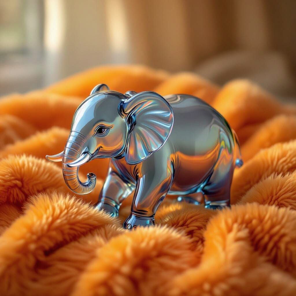 Delicate Blown Glass Elephant on Orange Fur