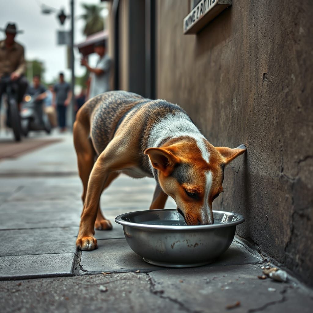 Stray Dog Hydration on Hot Day: Hyperrealistic Image
