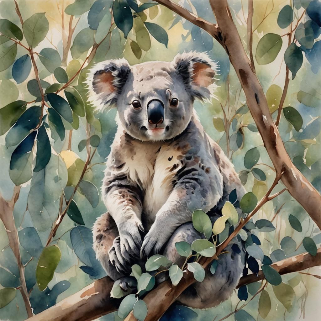 Koala in Eucalyptus Tree: Watercolor Impressionism