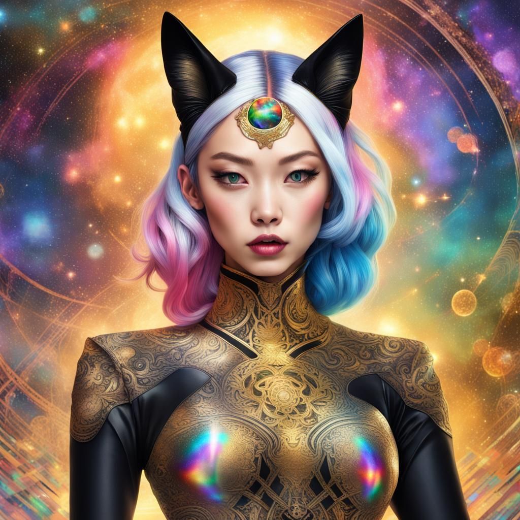 Cosmic Asian Cat Woman in Ornate Dress