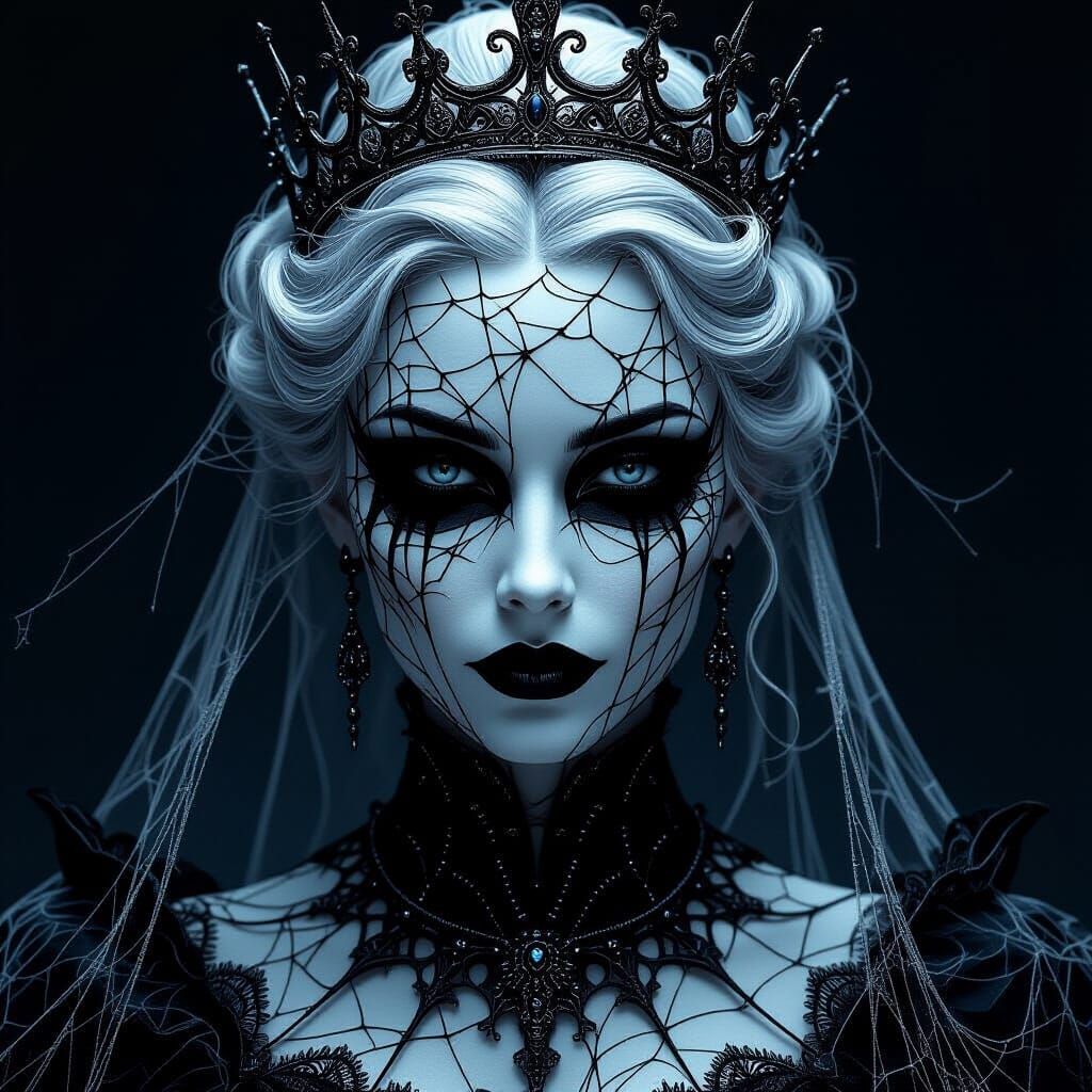 Gothic Queen Portrait Woven from Spiderwebs in Chiaroscuro S...