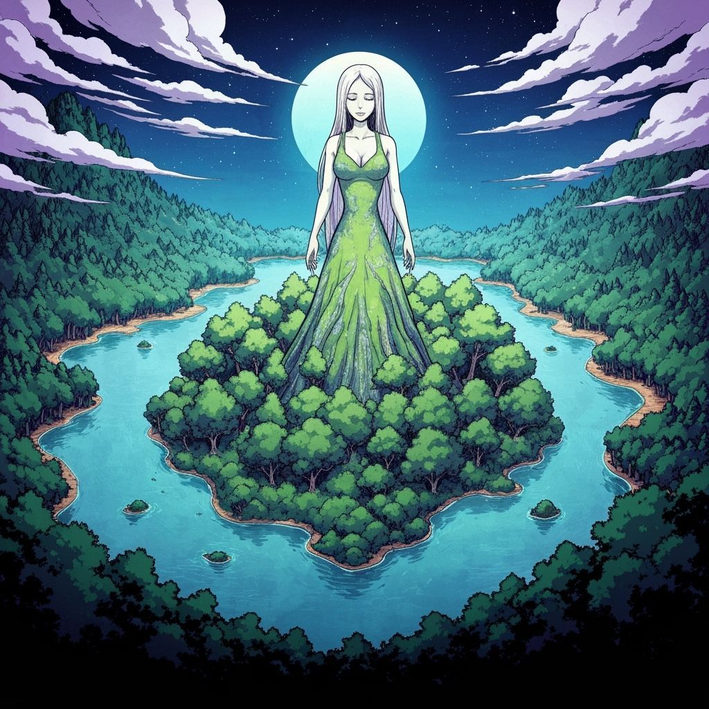 Serene Woman-Shaped Island in Manga Style