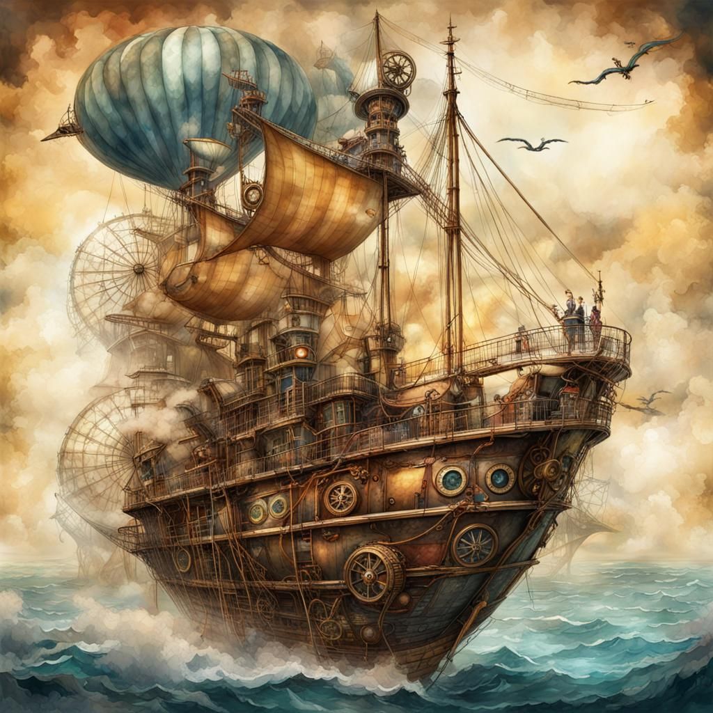 Steampunk Airship Over Ocean as Vintage Art