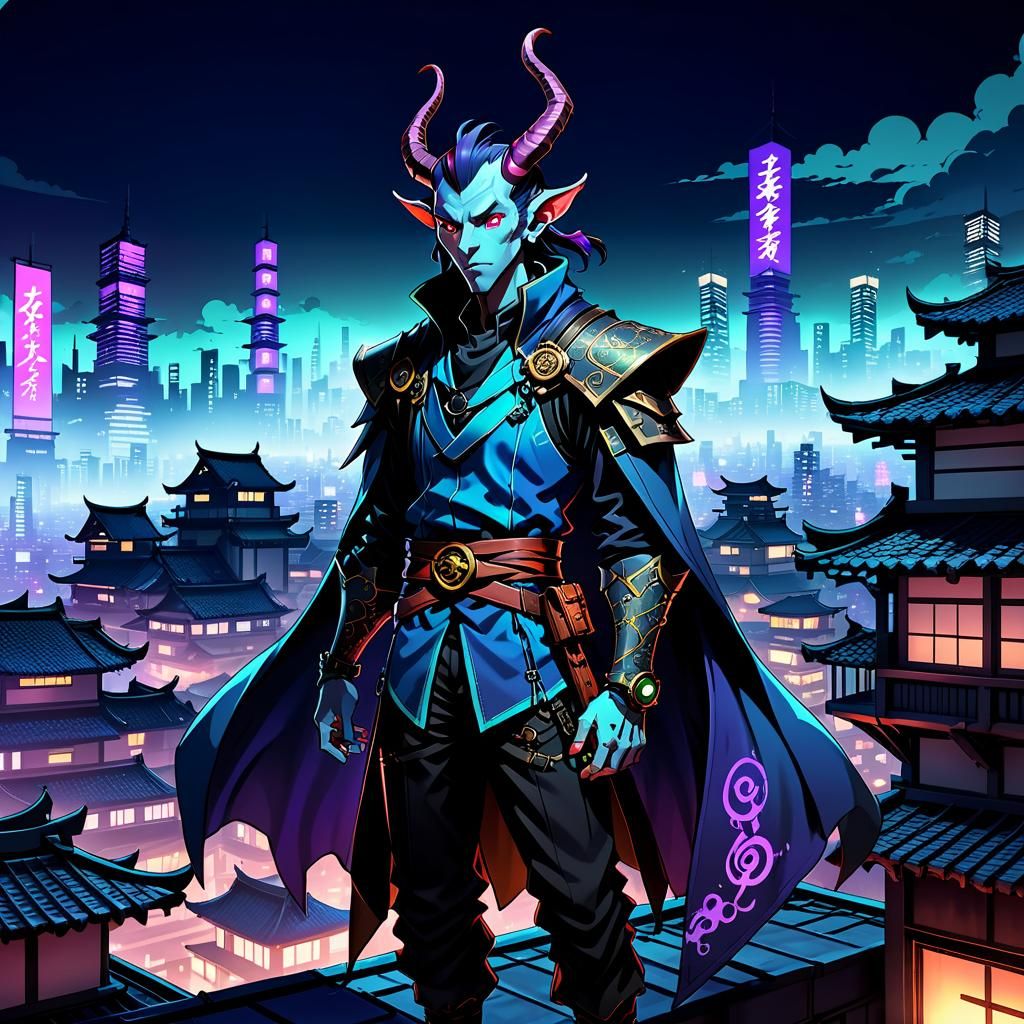 Cyberpunk Tiefling Wizard in Anime Style