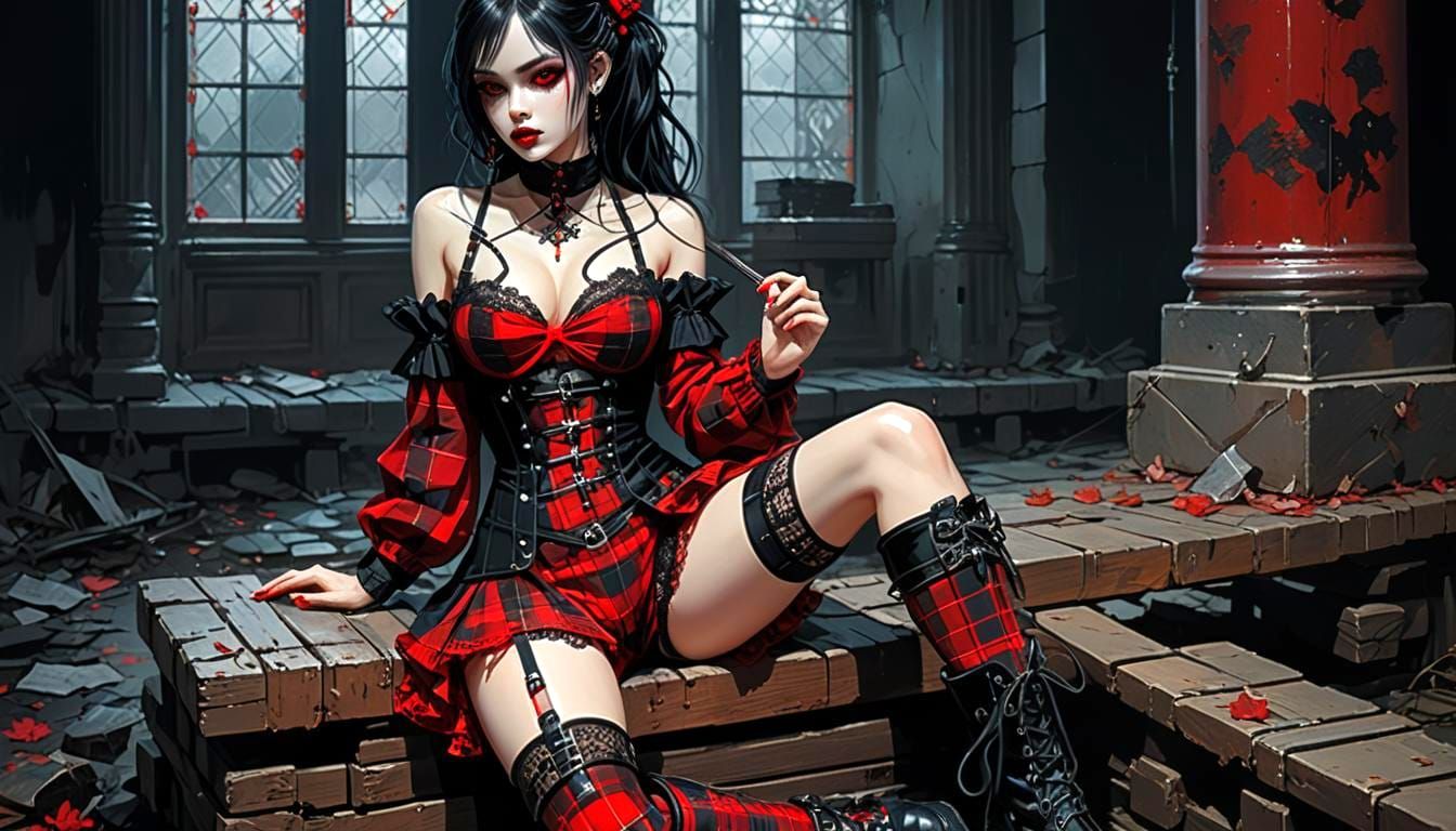 Gothic Babe in Red and Black: Detailed Digital Art