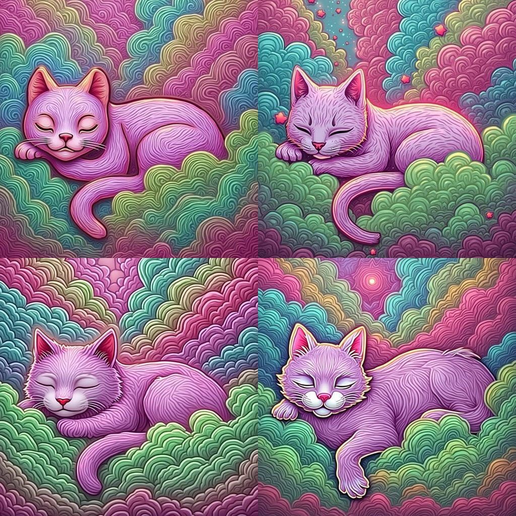Glowing Cyberpunk Kitty Slumbers in Ethereal Clouds