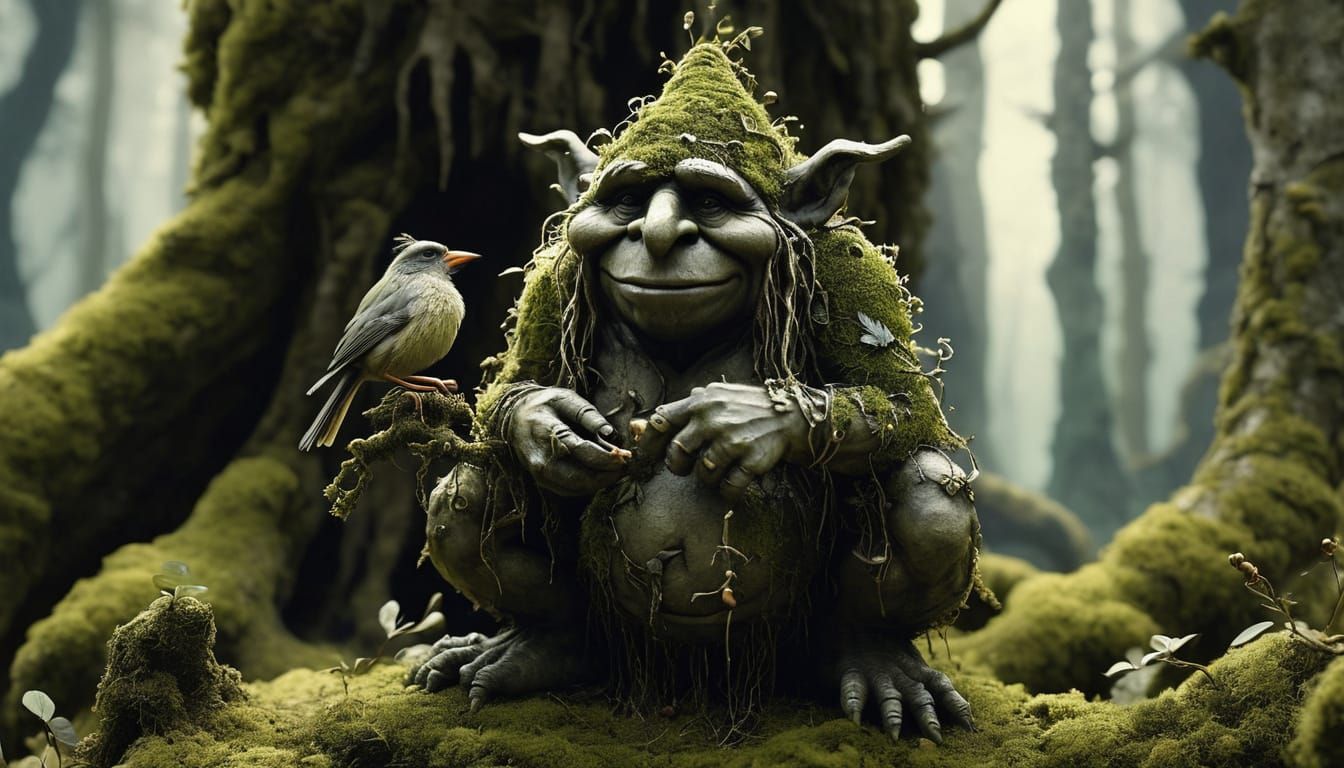 Moss Troll with Bird in Ancient Forest