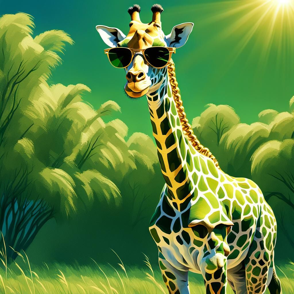 Green Giraffe with Gold Chain in Digital Art