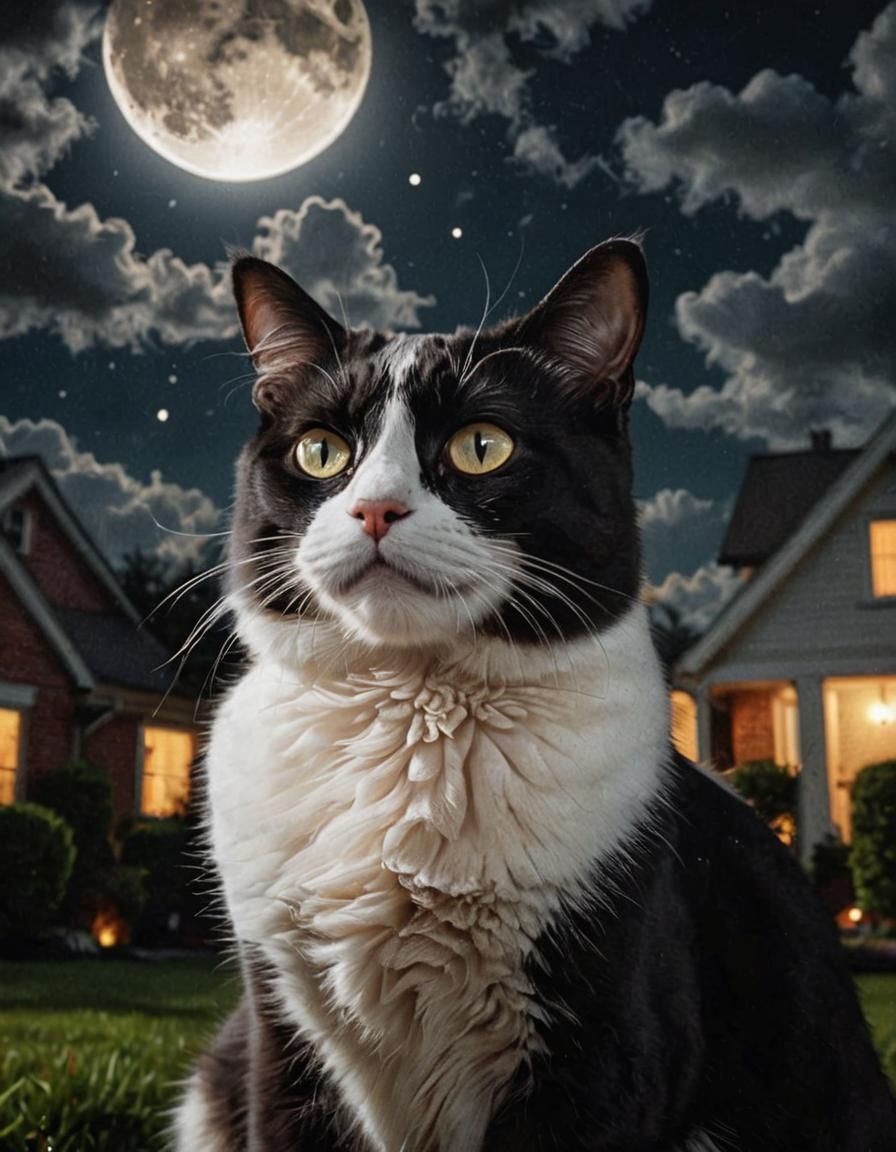 A handsome tuxedo cat watching a lunar eclipse from the back...