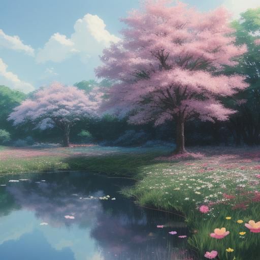 Paper Hello Kitty in Origami Flower Field