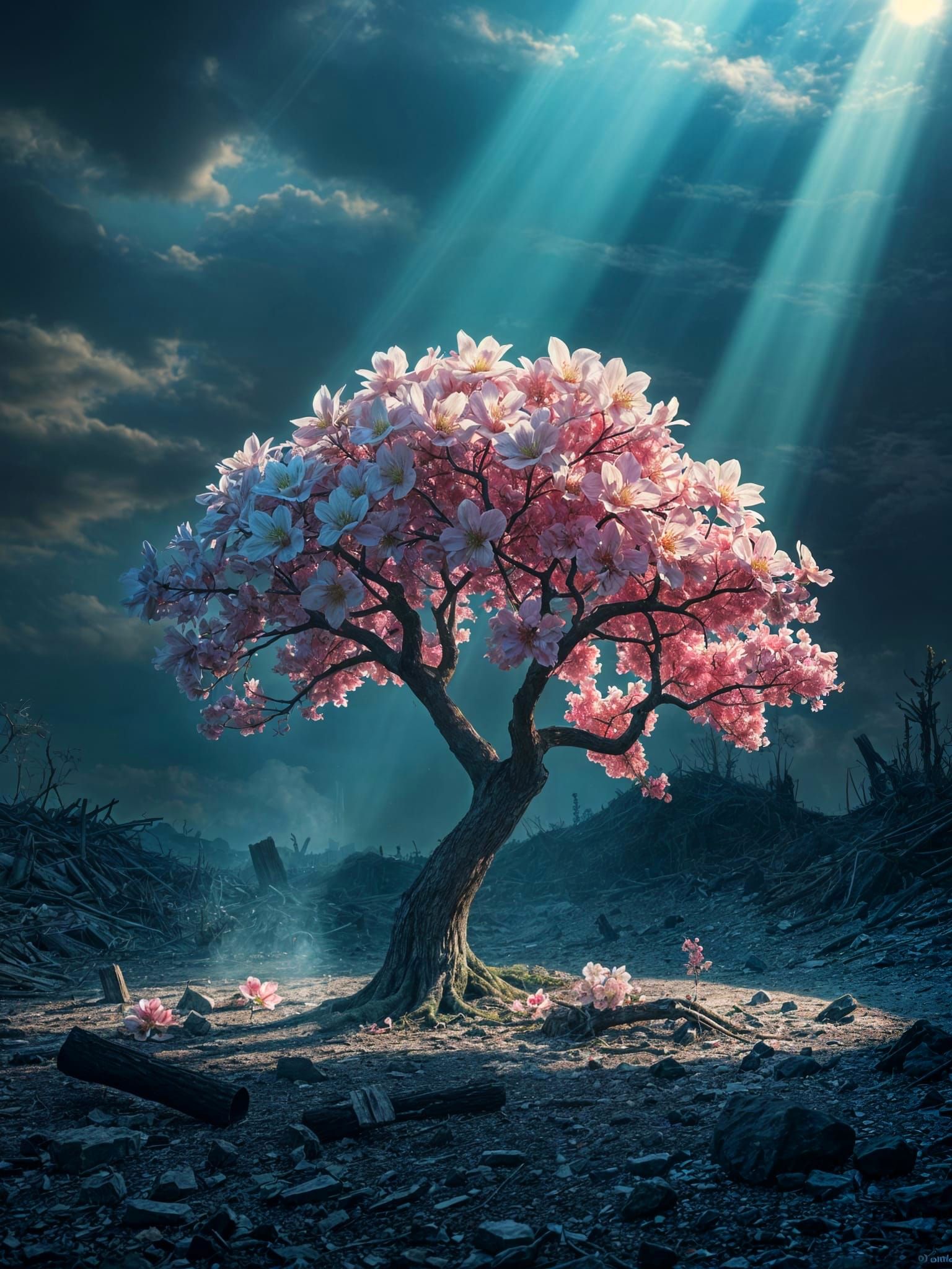 Surreal Tree Blossoms in Dystopian Ash World