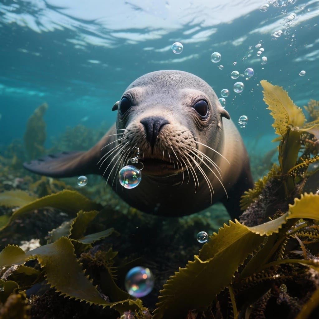 Sea Lion Up Close in Kelp Forest, Blowing Bubbles