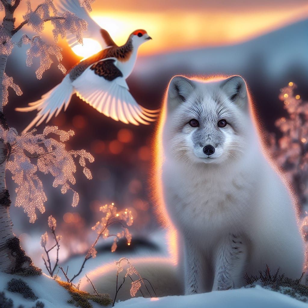 Polar Fox and Ptarmigan in Winter Sunset