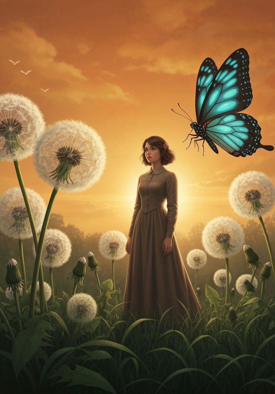 Woman in Dandelion Field with Bioluminescent Butterfly