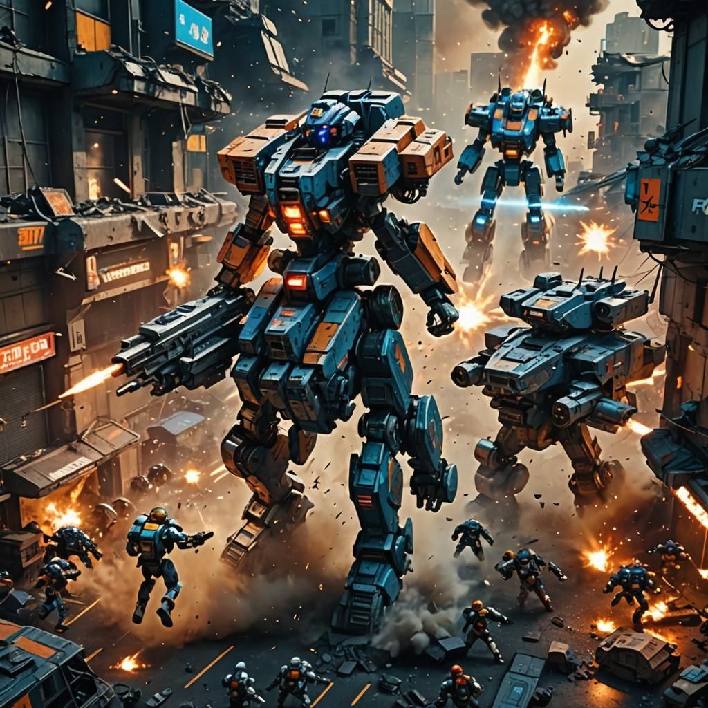 Cyberpunk Mecha Clash in Sci-Fi Battle Scene