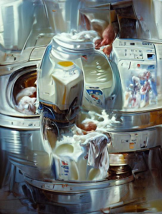 Hyperdetailed Milk Spill in Washing Machine