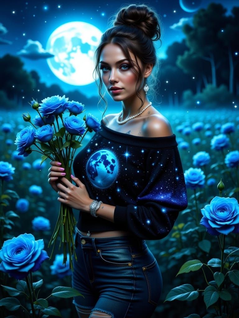 Busty Tattooed Woman with Blue Roses
