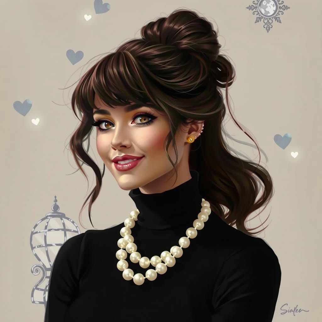 Elegant Brunette with Pearl Necklace: A Modern Painting