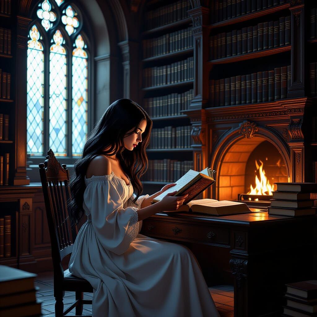 Medieval Library Scene with Woman Reading, Hyperrealistic Ar...