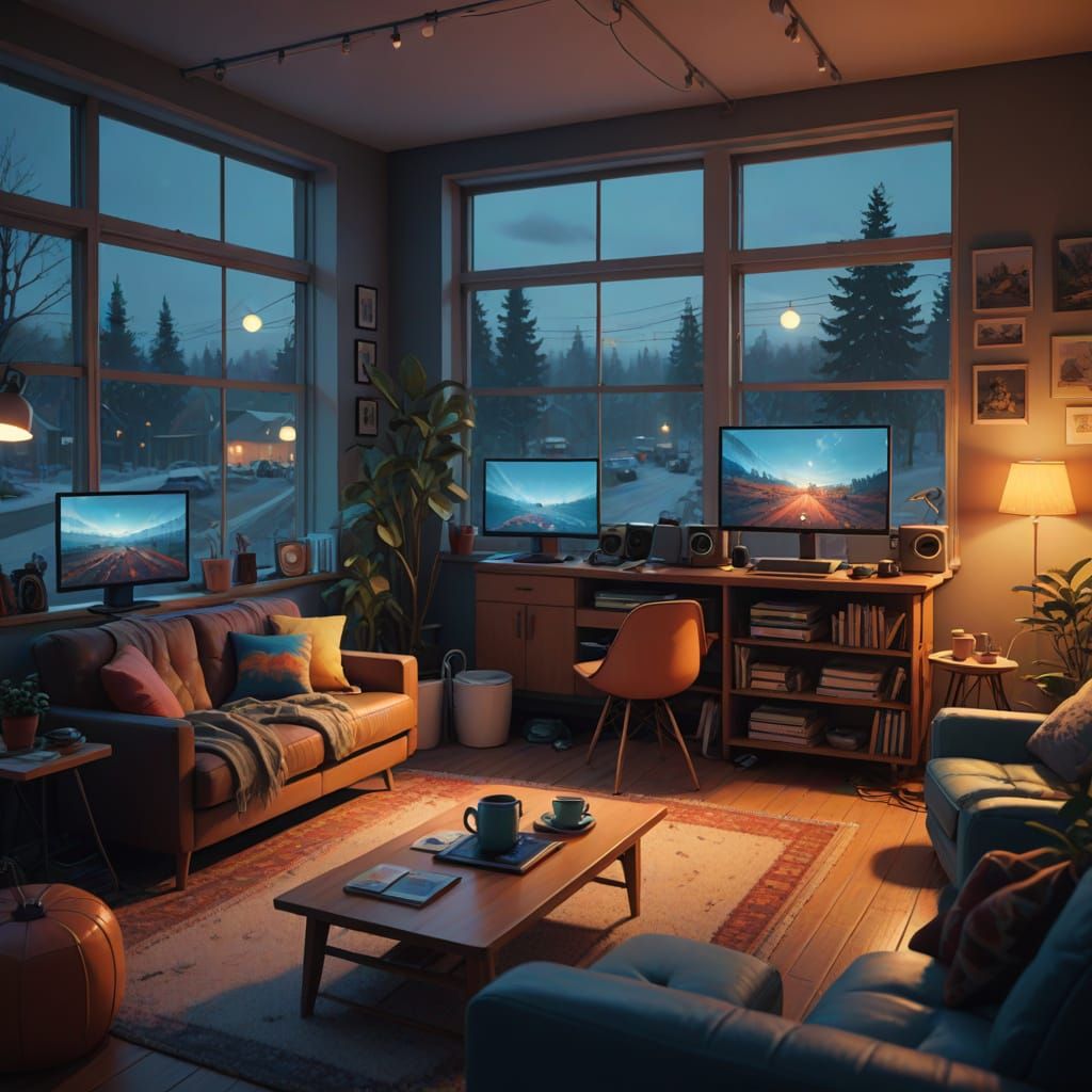 Cozy Cyber Lounge with Digital Whimsy