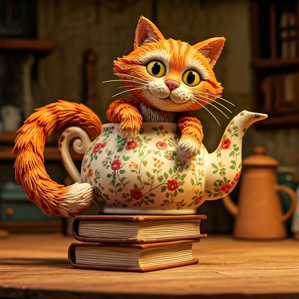Whimsical Ginger Cat in Cozy Claymation Kitchen