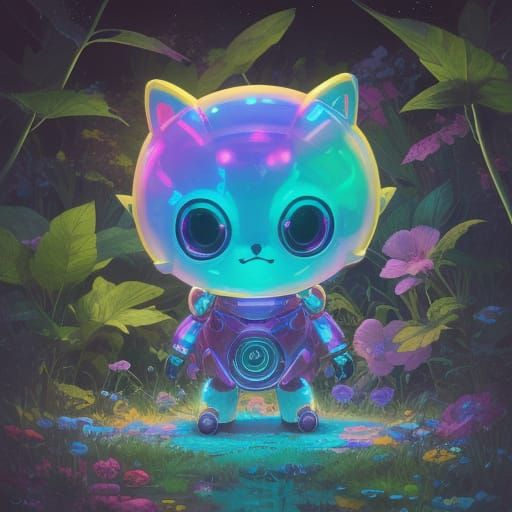 Cute Chibi Robot in Bioluminescent Candy Meadow