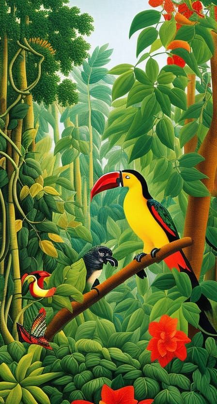 Lush Jungle Scene in Post-Impressionist Style