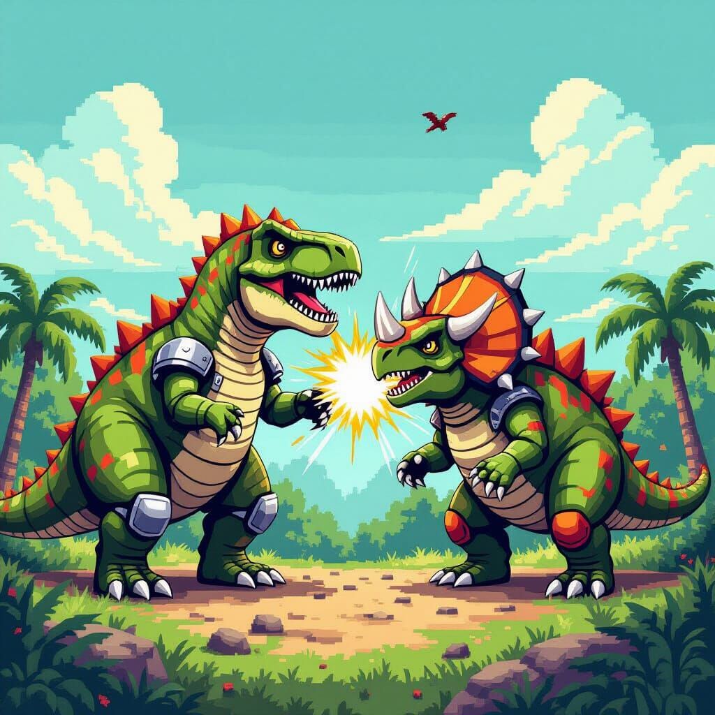 8-Bit T-Rex vs Triceratops Pixel Art
