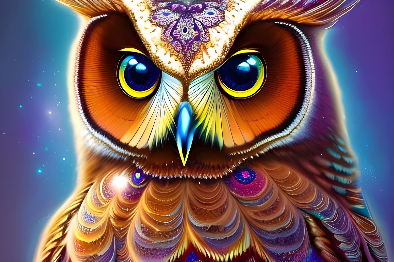 Glittering Fractal Owl Portrait in Digital Painting Style