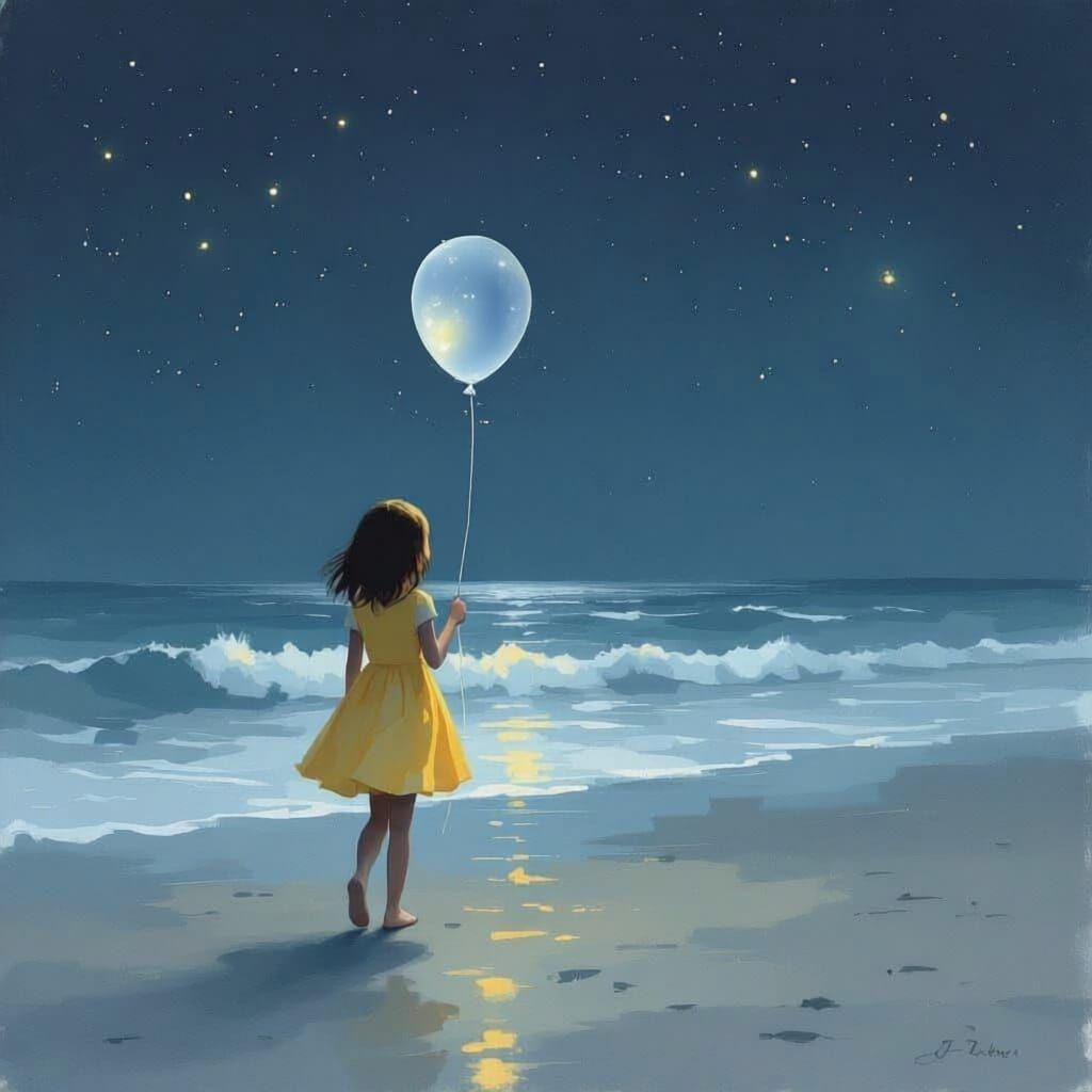 Girl in Yellow Dress Walks by Sea with Illuminated Balloon a...