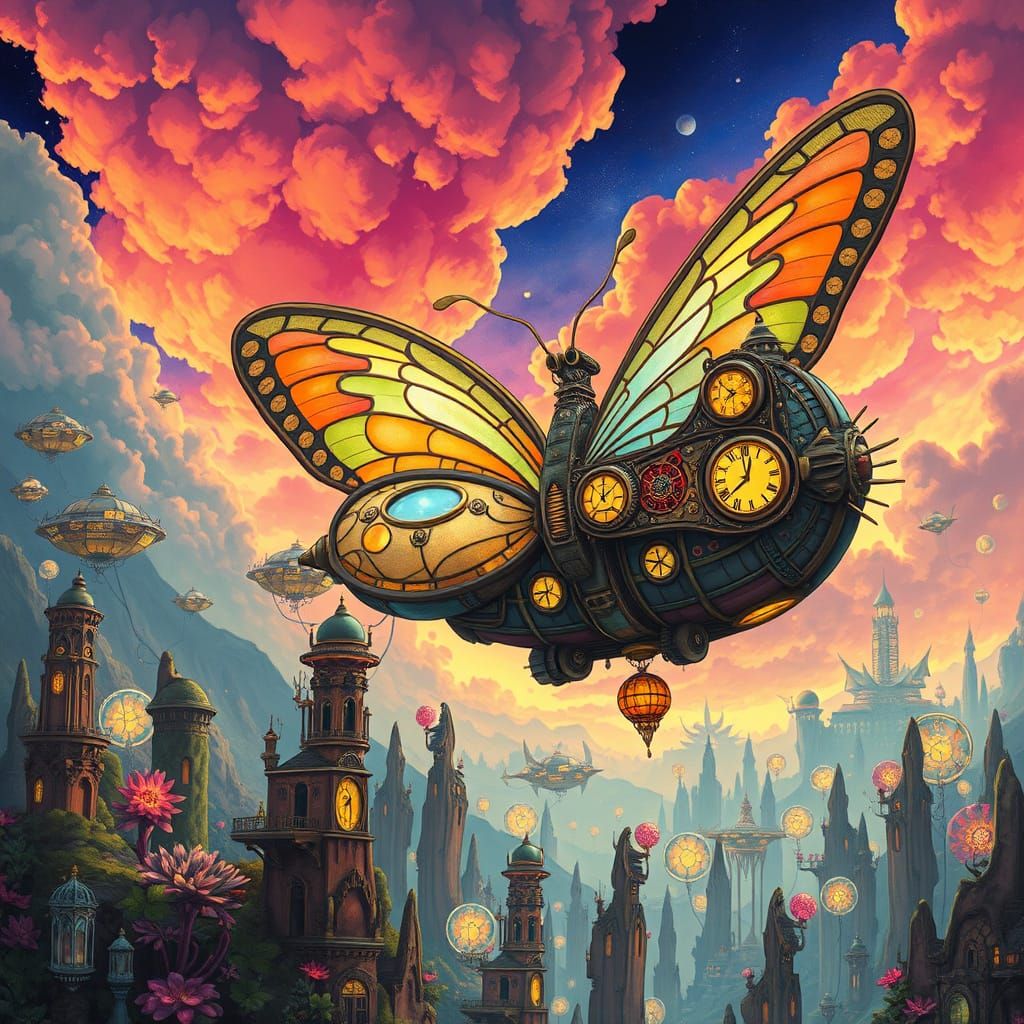 Butterfly Airship Soaring in Alien Sky, Art Nouveau Style