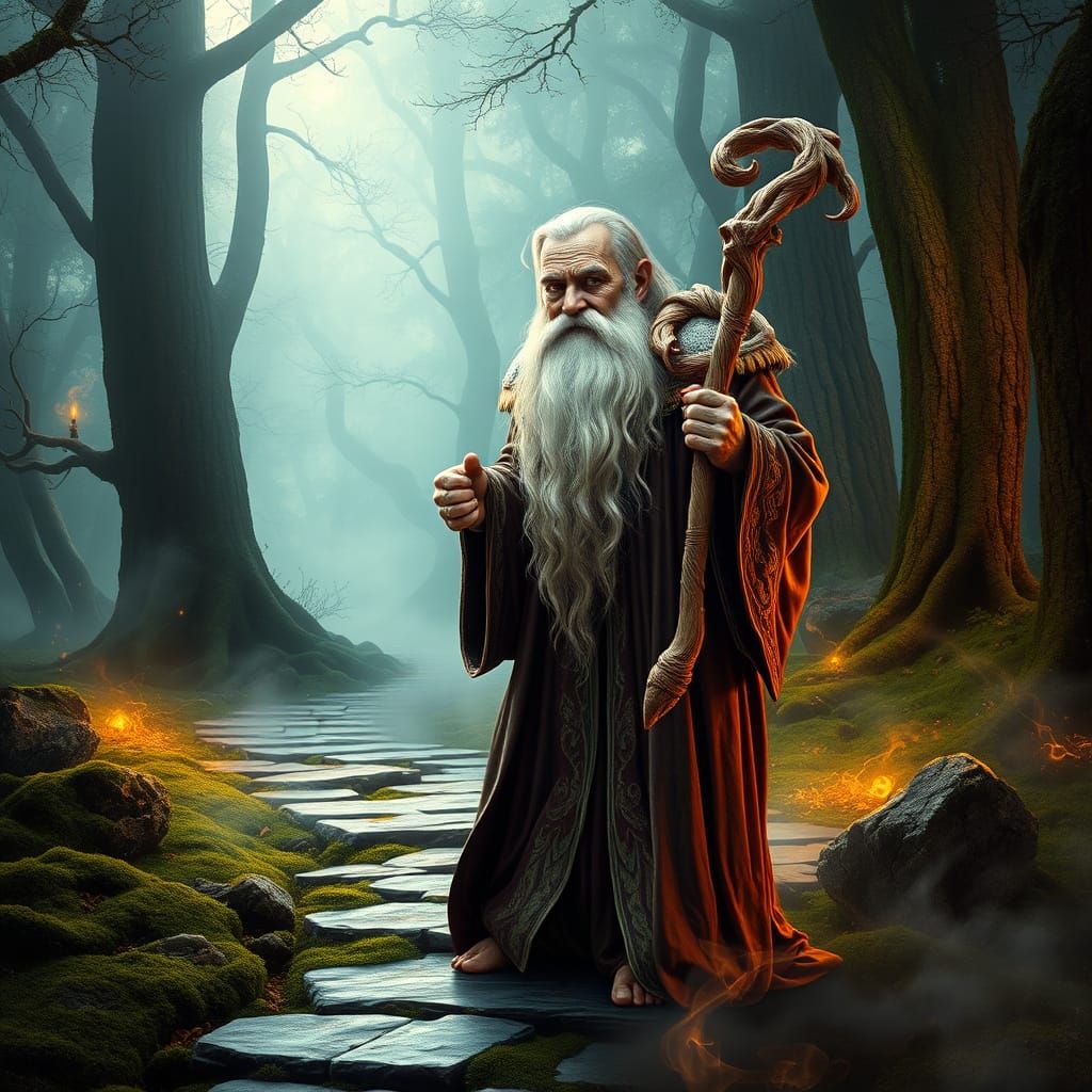 Archetypal Wizard in Enchanted Forest with Magical Staff