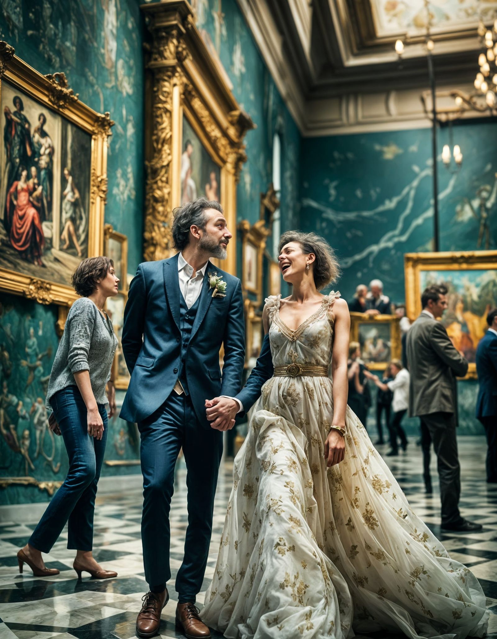 Happy Couples in Art Museum: Hyperrealistic Photograph