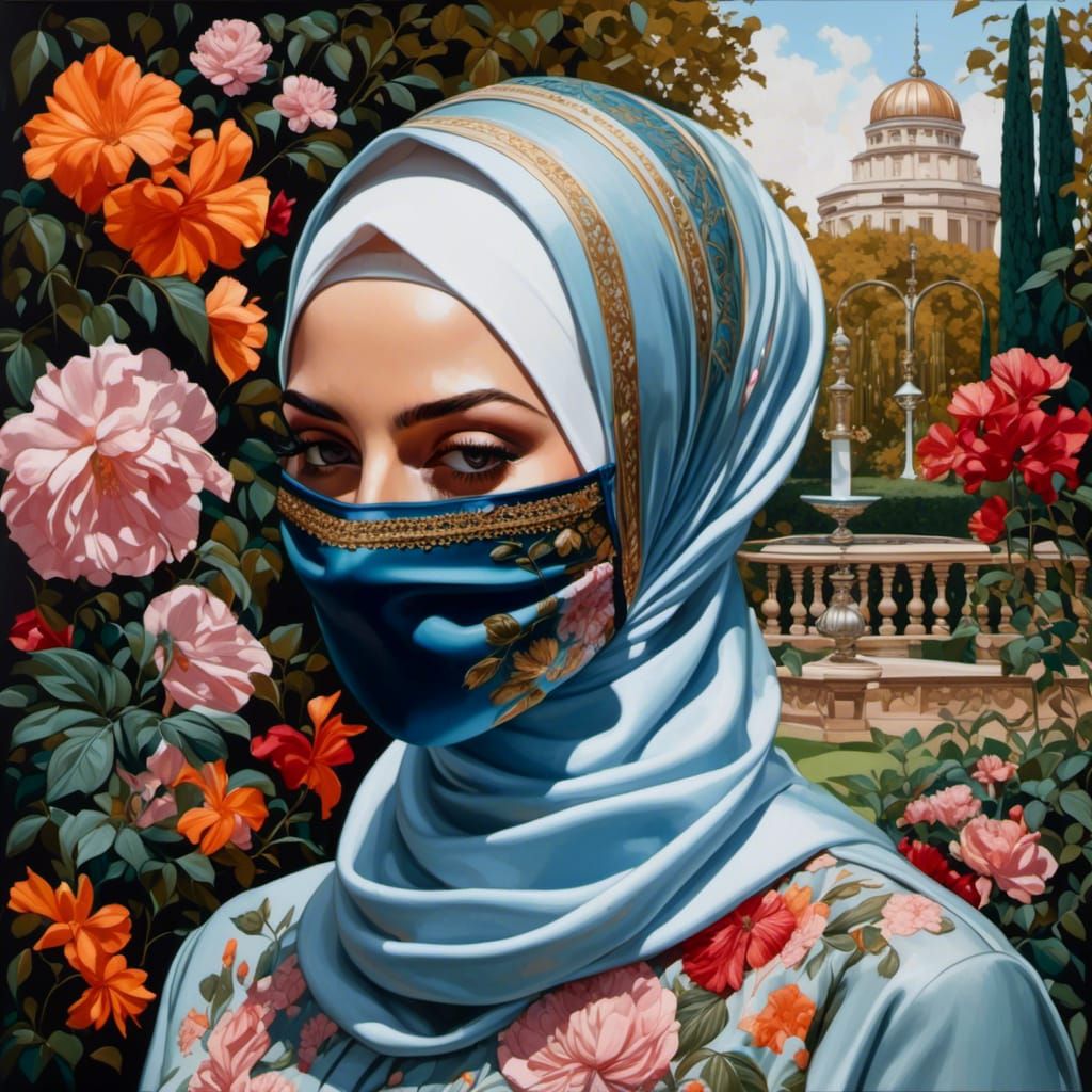 Woman in Hijab and Mask Portrait in Oil-Gouache Style