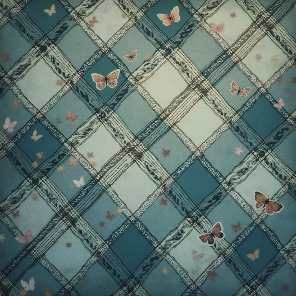 Impressionist Tartan Fabric with Celtic Crosses and Butterfl...