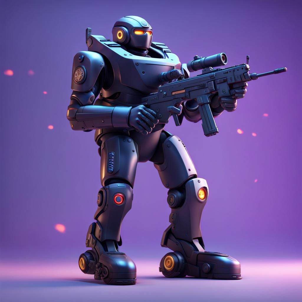 Pixar-Style Robot Cop with Big Weapons in 3D