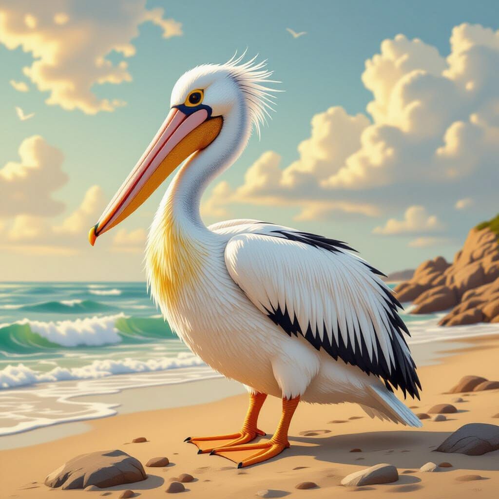 Cotton Pelican on Rocky Beach, Ornithological Style