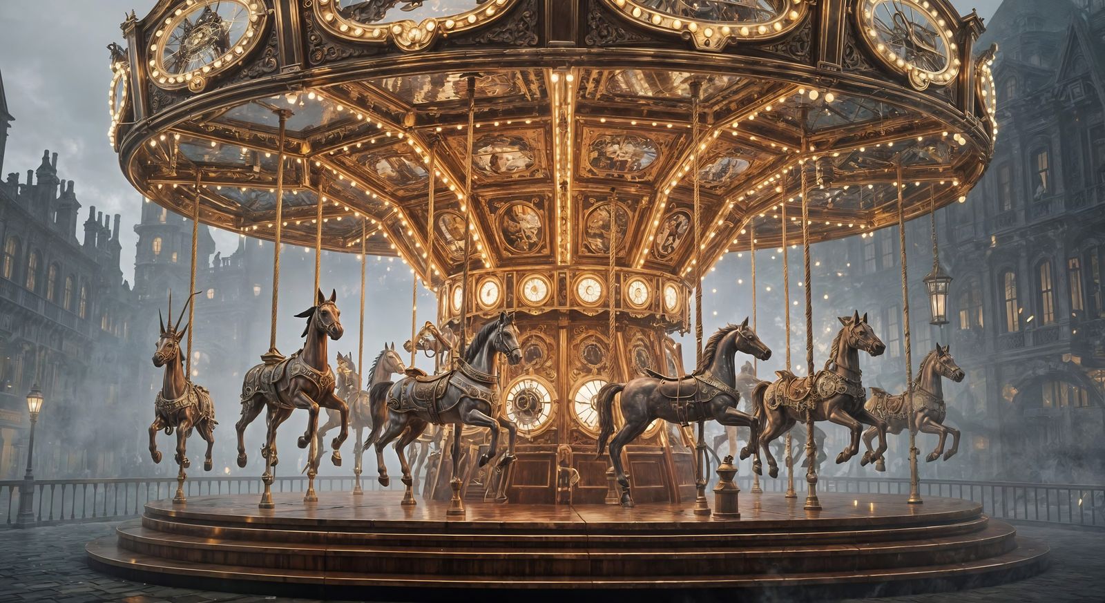 Steampunk Clockwork Carousel in Victorian Fog