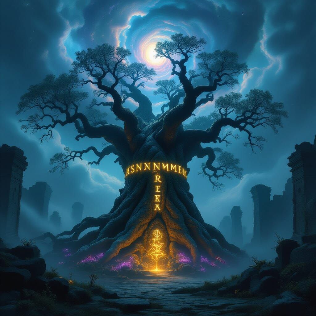Ancient Tree in Forgotten Ruins, Dark Fantasy Concept Art