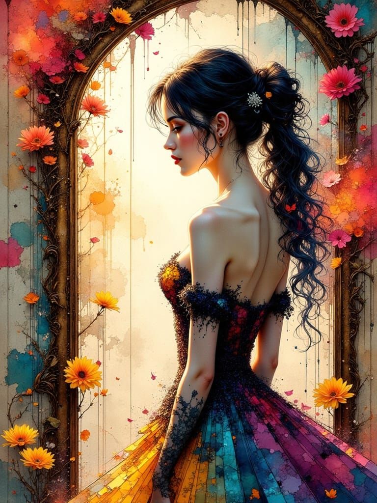 Woman Gazing in Mirror in Surreal Ink Art Style