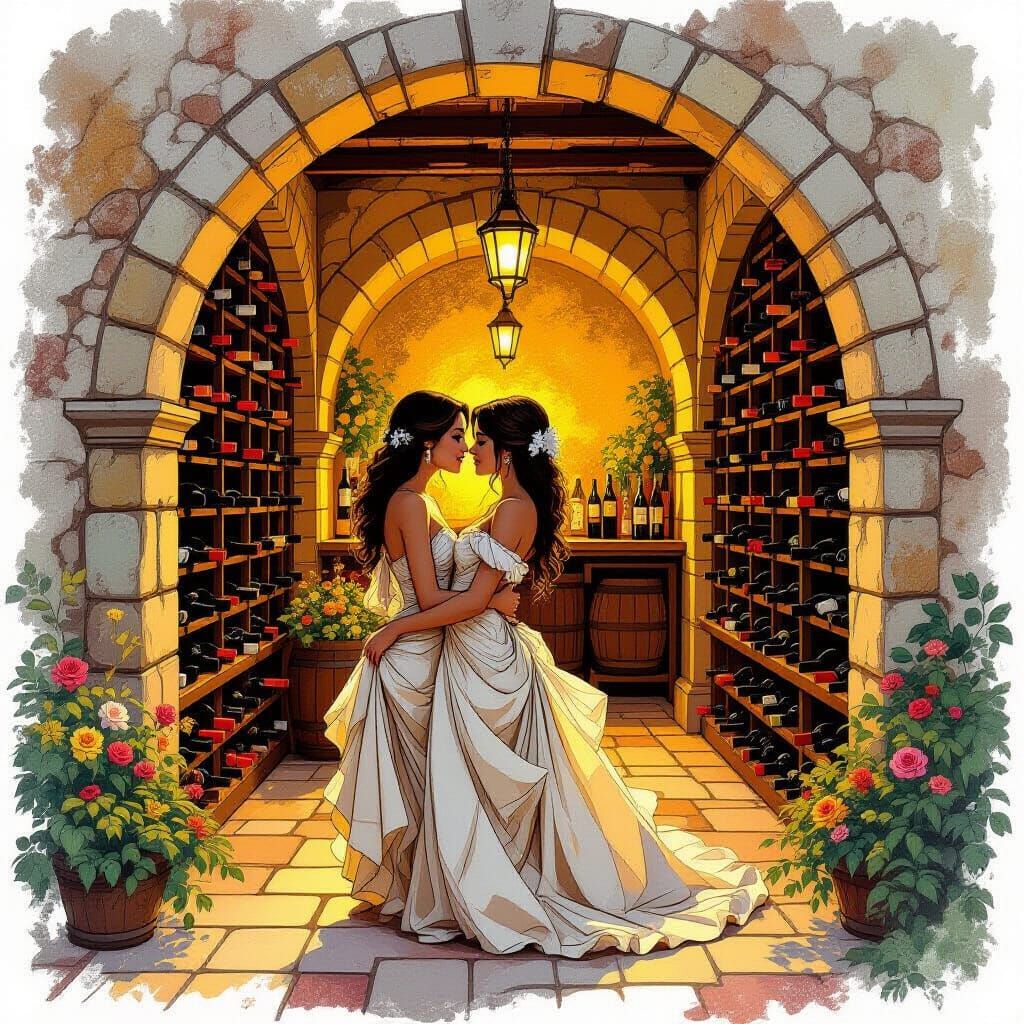 Woman's Love for Wine Cellar, Art Nouveau Style